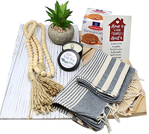 Perfect Housewarming Gift Basket For New Home | Hostess Gift For Women Of Home Décor And Snacks, Candle, Succulent Plant, Turkish Towel Decorative Beads Welcome To Your New House Gift For Couple #TOP5