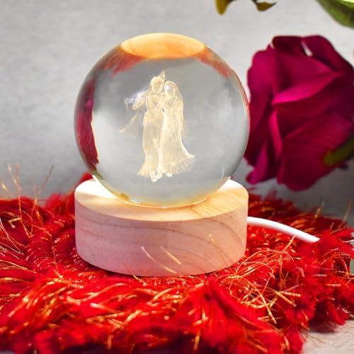 Image of ANTORCHE Radha Krishna 3D Crystal Ball Warm LED Night Lamp with Wooden Base | Spiritual Home Decor Light | Ideal Gift for Pooja Room, Bedroom & Festivals