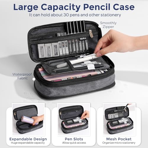 Image of Nicpro School Supplies Stationary Set with Pencil Case, 50 PCS Black | Back to Schoo Supplies, Pen Case with 12 Highlighter, 5 Gel Pen, 6 Mechanical Pencil, Essentials for College, Nursing Student