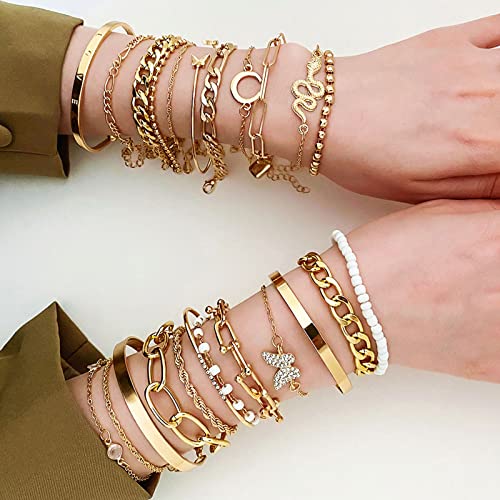 17IF 24-25 Pcs (6 Pack) 14K Gold Ankle Bracelets Set for Women Boho Stackable Bangles Cuff Charm Chunky Wrist Jewelry4