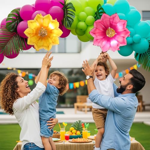 Image of Summer aloha garland arch kit 150pcs Magenta Pink teal green yellow balloon with tropical flowers flamingo diy Giant Pineapple aloha letter balloon for hawaii aloha luau theme party decorations