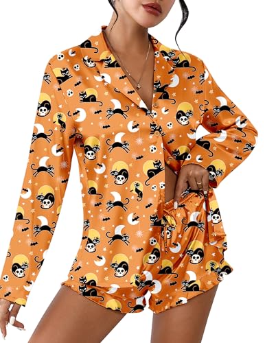 Image of Ekouaer Womens Satin Pajama Sets Long Sleeve Button Down Top and Shorts | Cute Silk Pjs with Ruffle for Soft Sleep, Lounge, Wedding, Party, Bridal, Date Nights, 2 Piece
