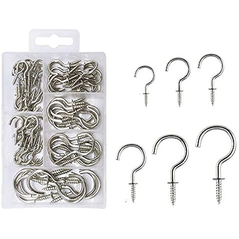 90 Pcs Screw in Hooks, Cup Hooks 6 Sizes Hooks for Hanging Mug Cup Ceiling Hooks Hooks Kit for Kitchen Garden Cover