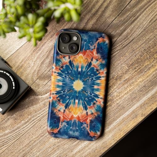 Coque iPhone 15 Plus bleu motif mandala brillant de style tie-dye chic