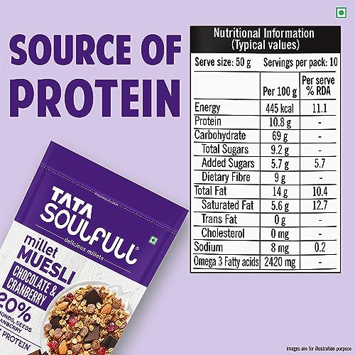Image of Tata Soulfull Millet Muesli, Chocolate & Cranberry, 500g, 20% Almonds, Seeds & Cranberry Breakfast Cereal, Dark Chocolate, High Protein