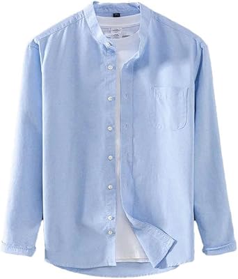Chinese Style Standing Collar Long Sleeved Shirt Mens Casual Solid Color Mens Clothing