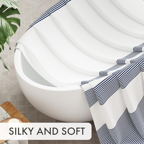 Image of AmazerBath Navy Blue Shower Curtain, Blue and White Striped Bathroom Shower Curtain with 12 Shower Curtain Hooks, Rustic Fabric Blue and White, 72x72 Inches