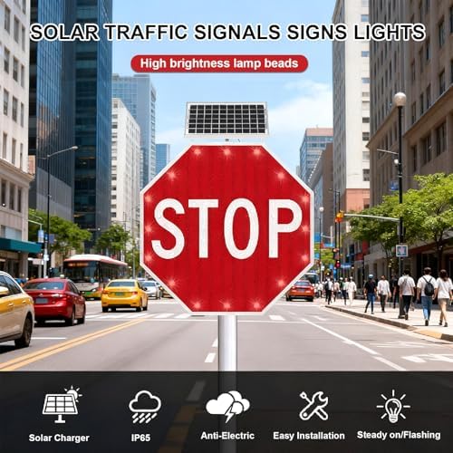 Solar-Powered LED Stop Sign - 24"/31" Aluminum Octagon Flashing Traffic Sign with 15W Panel & U-Clamp for Streets, Parking Lots, & Construction Safety