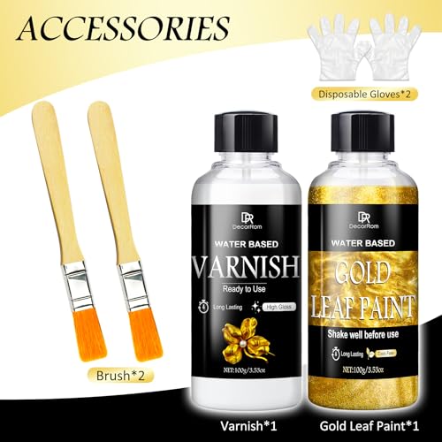 Liquid Gold Leaf Paint Kit - 3.53oz Ultra Shiny Quick Dry Metallic Gilding Paint, High Gloss Finish with Varnish - Non-Toxic, Waterproof Gold Leaf Paint for Crafts, Resin Art, DIY, Furniture, Wood