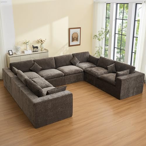 Image of 146''Cloud Boneless Sectional Couch, Modular Sectional Sofa Deep Seat, Oversized Upholstered Convertible Comfy 8 Seater Chenille Memory Foam Sofa U Shape Couches for Living Room, Brown