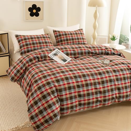 Image of ECOCOTT Buffalo Plaid Duvet Cover Queen Size- 3 Piece Washed Cotton Bedding Set with Classic Checkered Pattern, Red & Brown Duvet Cover with Pillowcases for All Seasons