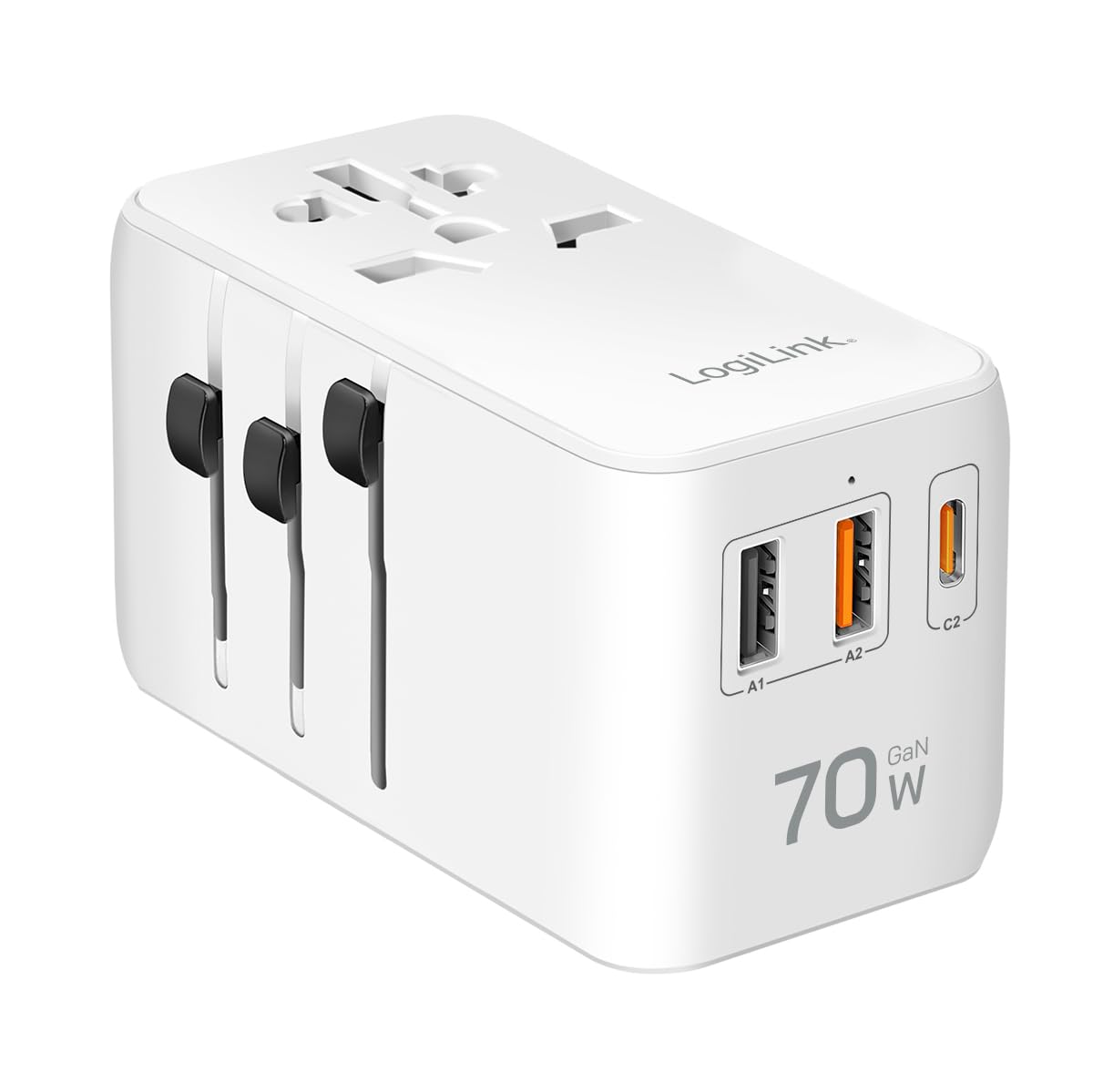 LogiLink PA0357 - Fuente de alimentación Universal de Viaje con 10 Tipos de Enchufe para >200 países, 70 W y PD (PowerDelivery) y QuickCharge, 3 Puertos USB, ignífugo