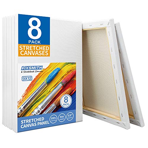 Image of FIXSMITH Stretched White Blank Canvas - 9x12 Inch, Bulk Pack of 8, Primed,100% Cotton, 5 /8 Inch Profile of Super Value Pack for Acrylics,Oils & Other Painting Media.