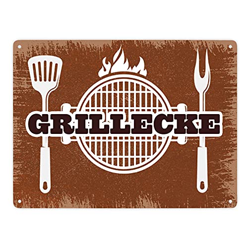 Grillecke Metallschild XXL mit Aufschrift Grillrost Grillbesteck Motiv