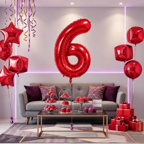 Image of Number Balloons Red Party Balloon - 40 Inch Large Number 6 Balloon, Numbers Balloon Birthday Decorations, Red Party Supplies for Anniversary