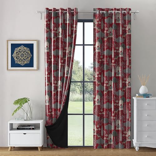 Image of LINENWALAS Pichwai Printed 100% Blackout Curtains for 7 Feet Door Set of 2 Panels, Thermal Insulated, Noise Reducing Luxury Drapes, Heritage Art Inspired Premium Curtains for Living Room (Red)