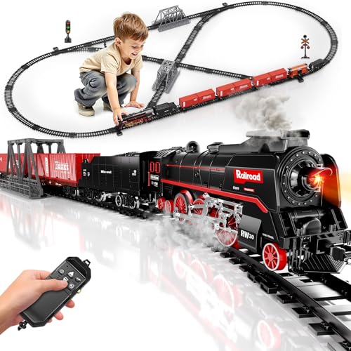 Pupu Pig Model Train Set, Remote Control Train Toys with 3Way Smoke Locomotive, 5 Train Cars, Luxury Track Kit, Authentic Train Sounds & Lights, Rechargeable Battery, Top Present for Train Lovers