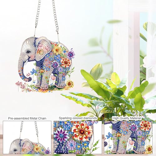 Image of Elephant and Flowers Diamond Painting Hanging Kit - DIY Acrylic Pendant with 5D Special Shaped Rhinestones, Decorative Art Board for Wall, Door or Garden, Handmade Gift for Creative Decor Lovers