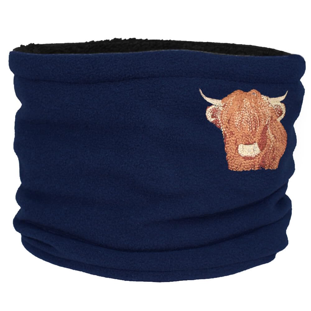 Teddyt's Navy Blue Embroidered Highland Cow Navy Fleece Snood Scarf