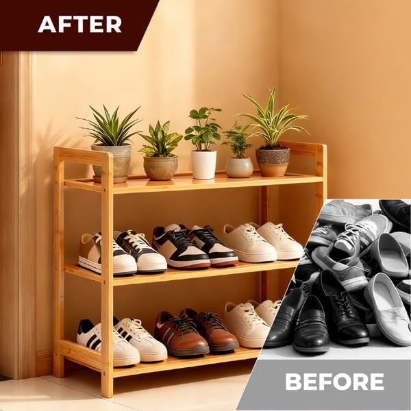 3-Tier Bamboo Shoe Rack for Entryway, Stackable | Foldable | Natural, Shoe Organizer for Hallway Closet, Free Standing Shoes Racks for Indoor Outdoor