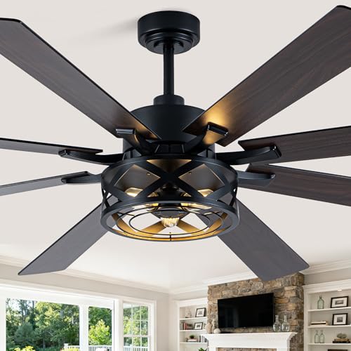 Image of Dawn Whisper Black Ceiling Fans with Lights 72 Inch Farmhouse Ceiling Fan with Remote Quiet Reversible DC Motor 6 Speeds 8 Blades Large Industrial Chandelier Fan for Living Room Bedroom