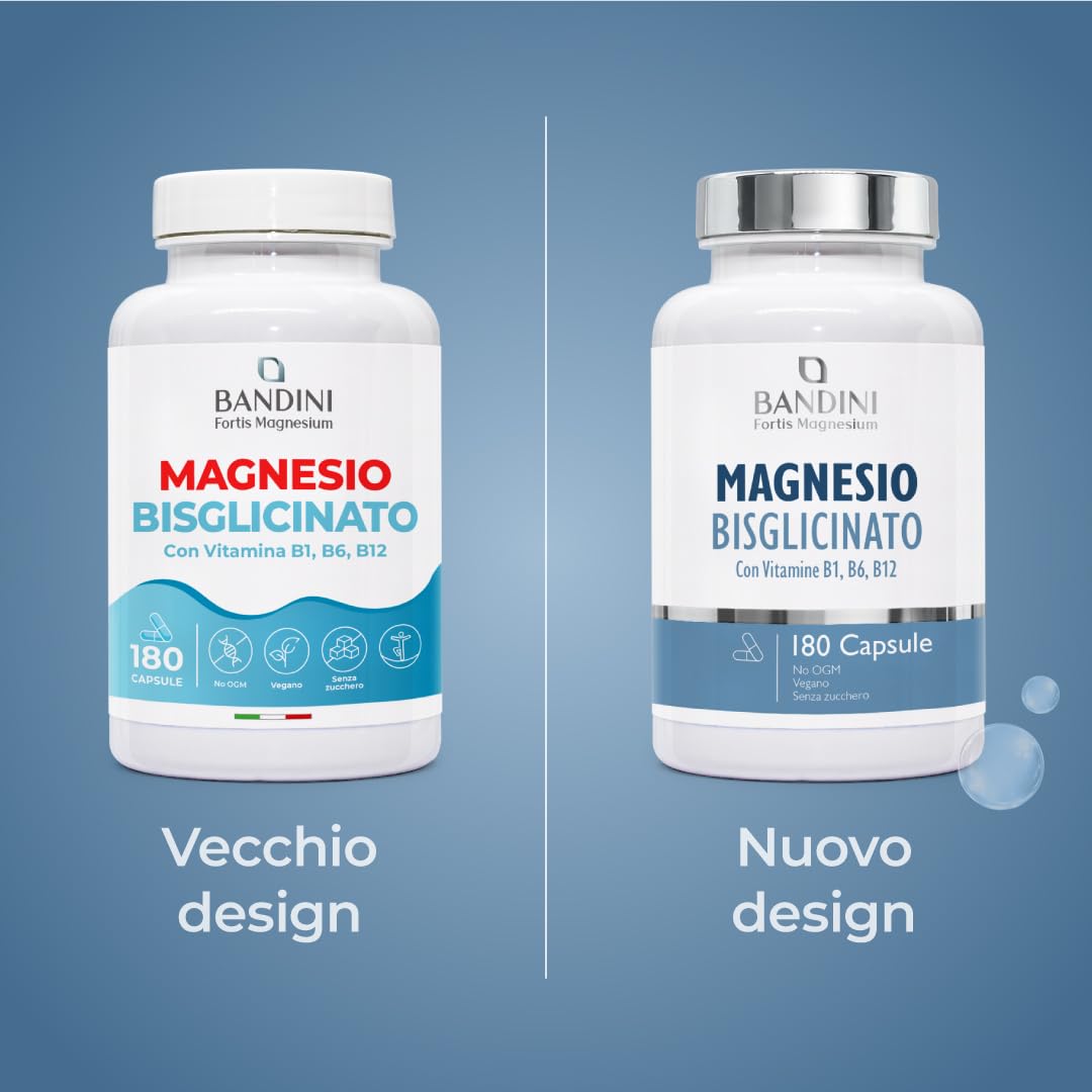 Bandini® Magnesio Bisglicinato 180 Capsule (2 mesi), 350 mg di Glicinato, Chelato per dose arricchito di Vitamina B1, B6, B12 Anti stress e fatica, Integratore per Sistema Nervoso, 100% Vegan