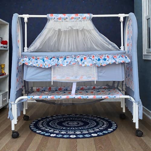 Image of Kiddery Apollo Baby Cradle (Grey) | Newborn to 12 Months | Premium Swing Cradle with Mosquito Net, Wheels & Lock | Strong Metal Frame | Comfortable Sleeping Jhula