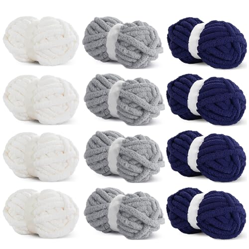 HOMBYS Chunky Chenille Yarn for Crocheting, Super Bulky Jumbo Yarn for Hand Knitting, 3/4" Thick Soft Plush Yarn for Blankets, 8 Skein Pack (27 yds / 8 oz Each), Multi Assorted Cream Grey Navy