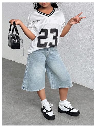 Floerns Girl's Summer Wide Leg Capris Jeans Elastic Waist Baggy Denim Pants with Pockets4