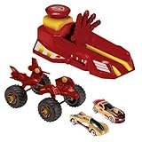 Ab 3 Jahren Majorette 213089790 - Iron Man Action Set, Launcher mit 3 Geschwindigkeiten, 2 Freilauf Fahrzeuge, Monster Truck, rot/gold