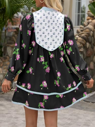 Image of Wenrine Womens Casual Floral Mini Dress Fall Long Sleeve V Neck Patchwork Loose Boho Shirt Dresses