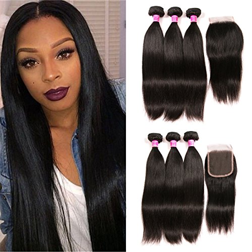 Brazilian Hair With Closure 3 Bundles Unprocessed Virgin Brazilian Straight Human Hair Bundles With Lace Closure Free Part QinMei Hair Extensions (18 20 22 +16)
