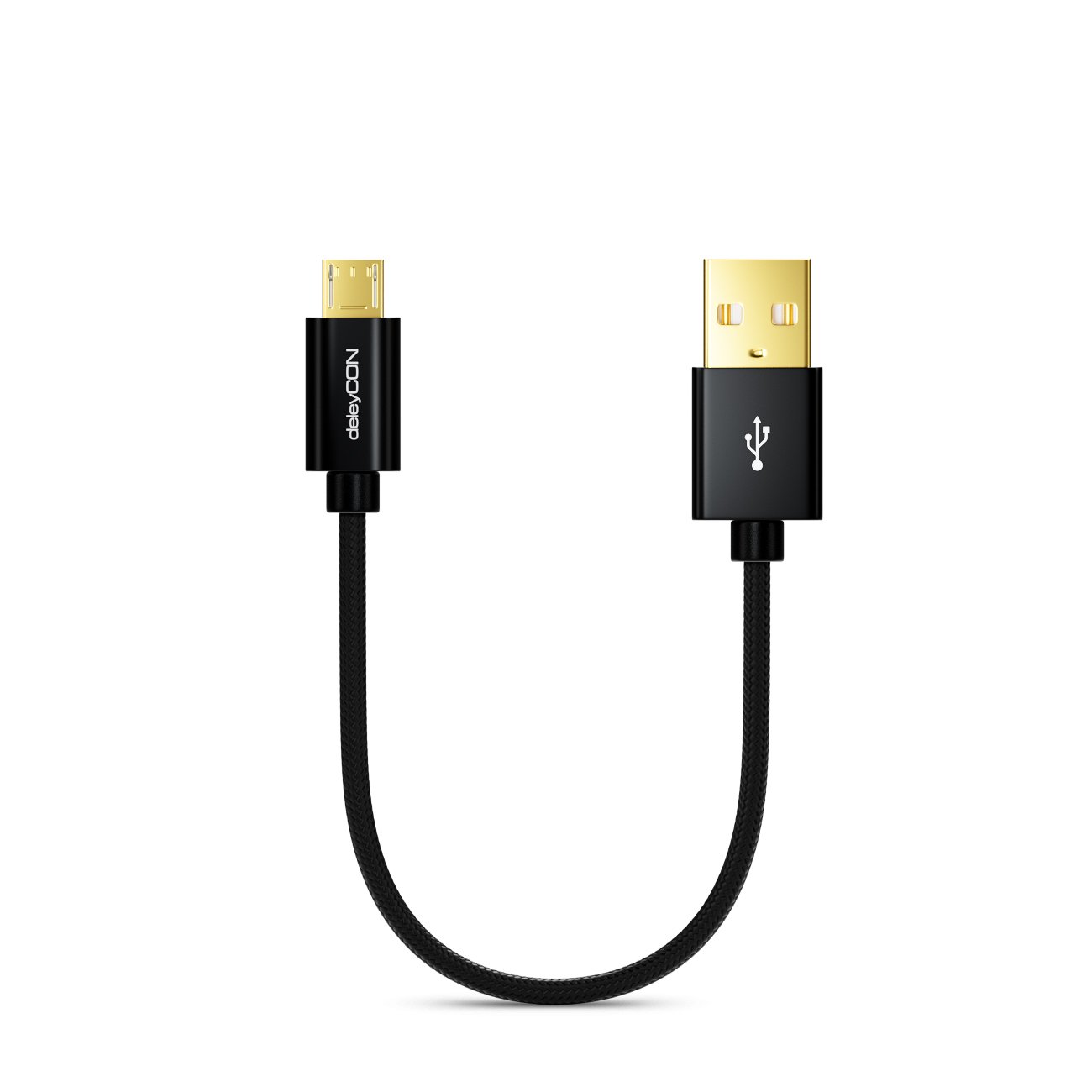 deleyCON Cavo Micro USB 0,15m Nylon + Cavo Metallico Cavo Dati di Ricarica Cavo di Ricarica Rapido Smartphone Tablet PC Laptop Notebook - Nero