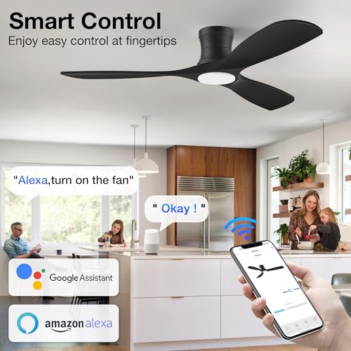 Image of 52 inch Smart Low Profile Ceiling Fans with Light Remote,Flush Mount,Black,Wood