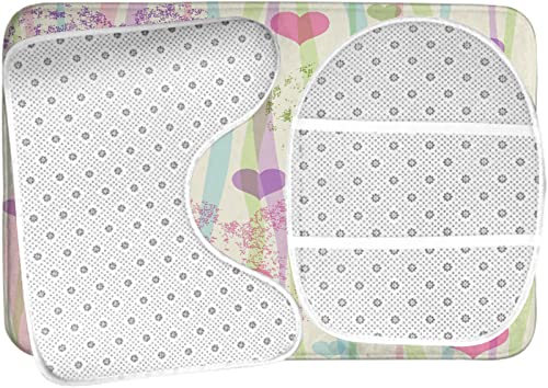 Badezimmerteppich-Set, 3-teilig, Valentinstag-Pastell-Grunge-Muster mit bunten Streifen und Herzen, waschbare Badteppiche, rutschfest, mit Rückenpolster, Konturteppich und Toilettendeckelbezug – Bild 6