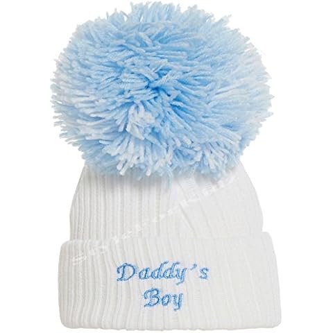 Soho Fashions Luxury British Made Baby Boy Mummys Boy Daddys Boy Cute Decorative Frilly Knitted Pom Pom Newborn Baby Hats (Small (0-3 Months), Daddys Boy (White Blue)) Cover
