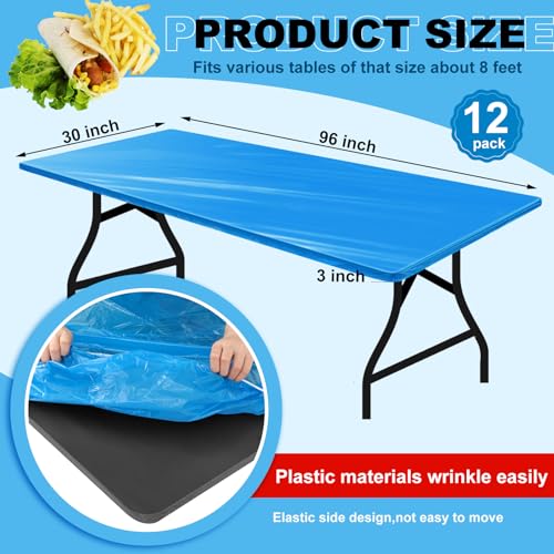 Image of Boao 12 Plastic Elastic Fitted Tablecloths, 8 Ft, 96 x 30 Inch, Blue