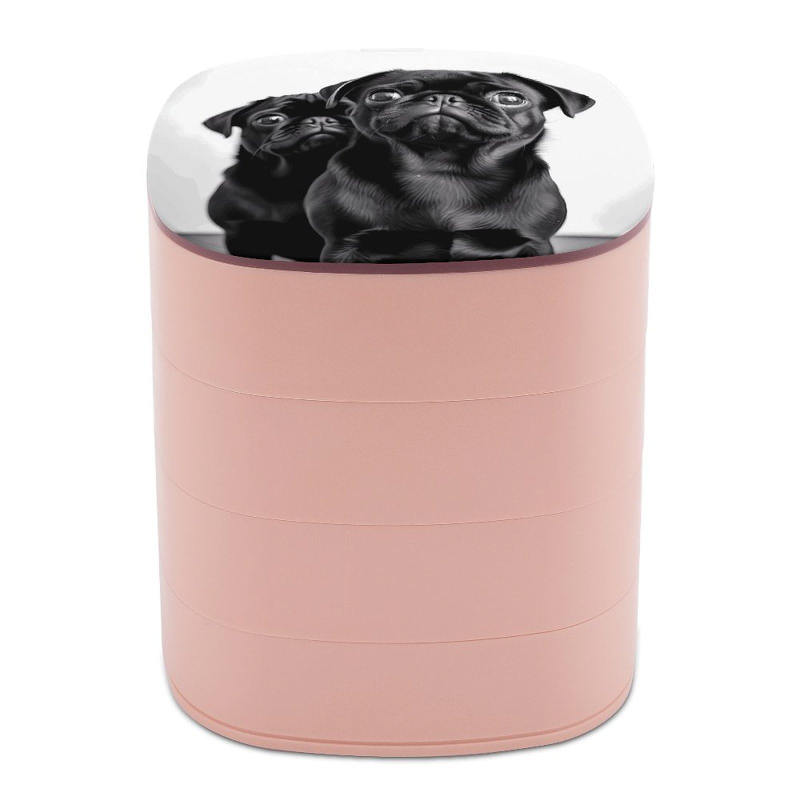 VstaDank Cute Black Pug Dog Jewelry Box with Mirror 4-Layer Rotating Jewelry Tray Case Portable Jewelry Case Trinket Boxes Trinket Cases Travel Jewelry Organizer Earrings Storage Box