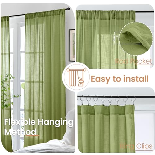 Image of BGment Olive Green Linen Curtains 36 Inch Length for Short Kitchen Window - Rod Pocket Small Drapes Sheer Light Filtering for Cafe Bedroom Decor Lightweight Natural Rustic, 2 Panels Set, 42 X 36 Inch