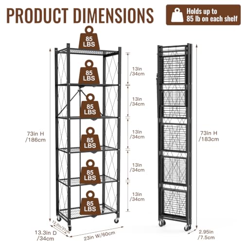 Image of black leopard 6-Tier Foldable Metal Storage Shelf with Wheels, Black