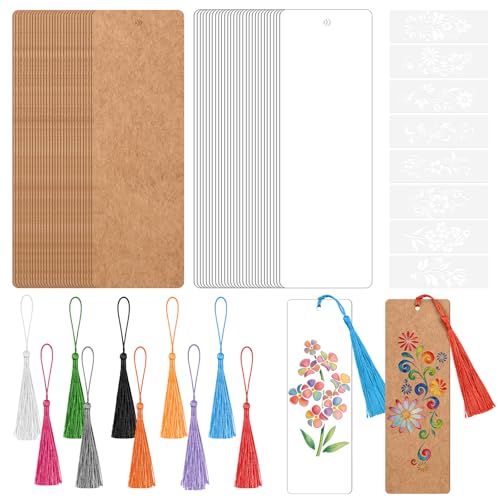 Bouiexye Lesezeichen-Bastelset mit 60 leeren Lesezeichen zum Selbstgestalten und 60 bunten Quasten für Bastelarbeiten, Schulprojekte und Geschenkanhänger