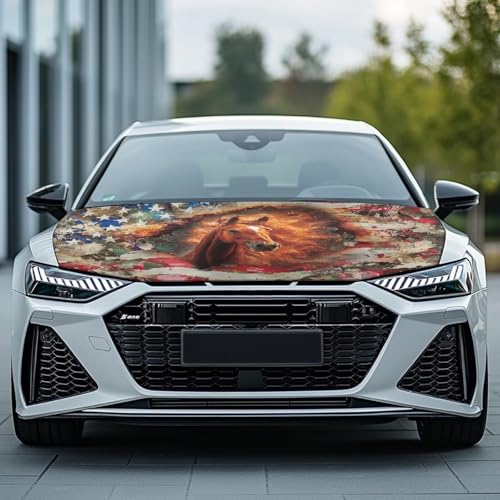 Image of Car Hood Cover Horse American Flag Print Car Hood Wraps Auto Banner Stretchable Auto Decorative Accessories for Compact Sedans SUV Trucks (59x39 Inch)
