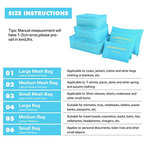 Image of 6PCS Packing Cubes for Travel Luggage Organiser Bag Compression Pouches Clothes Suitcase, Packing Organizers Storage Bags for Travel Accessories, Light Blue