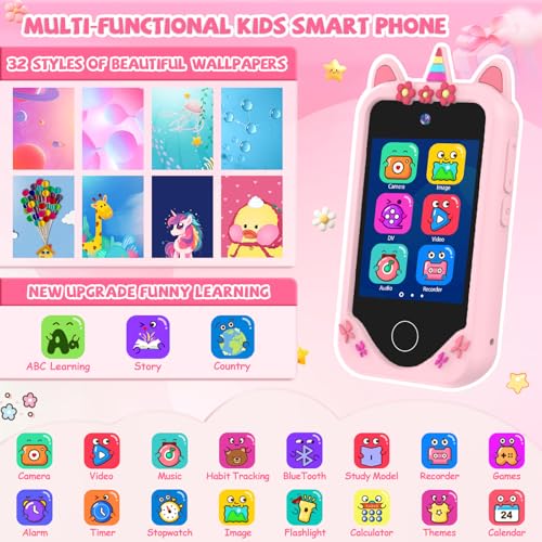 Image of Kids Smart Phone for Girls Gifts - Toddler Christmas Birthday Gift for Age 3 4 5 6 Year Old, Kids Cell Phone Toy with Touchscreen, Dual Cameras, Learning, Kid Mp3 Player, Games with 32 GB Card