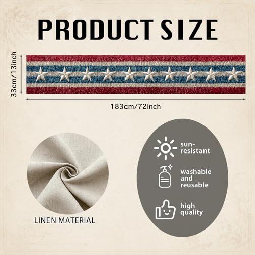 Image of Nuxovilar American Star Striped Flax Table Runner 13x72 in | Patriotic Style Table Runner for 4th of July, American Events, Festive Dinners