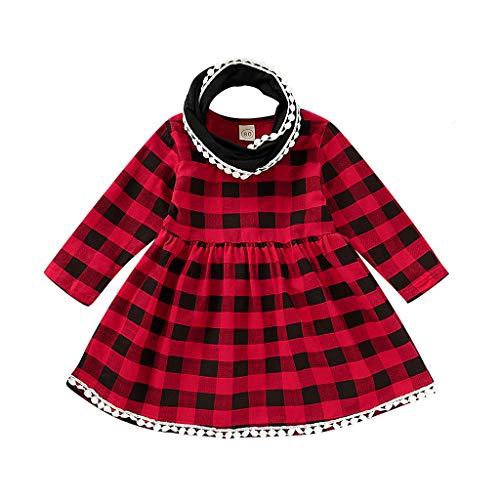 Ywoow Toddler Baby Girls Long Sleeve Tassels Plaid Print Dress Clothes+Scarf Outfits