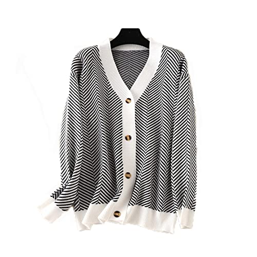 MIYAA Strickjacke Damen,Elegante Retro Strickjacke V-Ausschnitt Damen Knopf Strickjacke Herbst Offene Strickwaren Lose Streifen Strickjacken Damen Top Jacke Strickmantel,Weiß,Einheitsgröße Cover