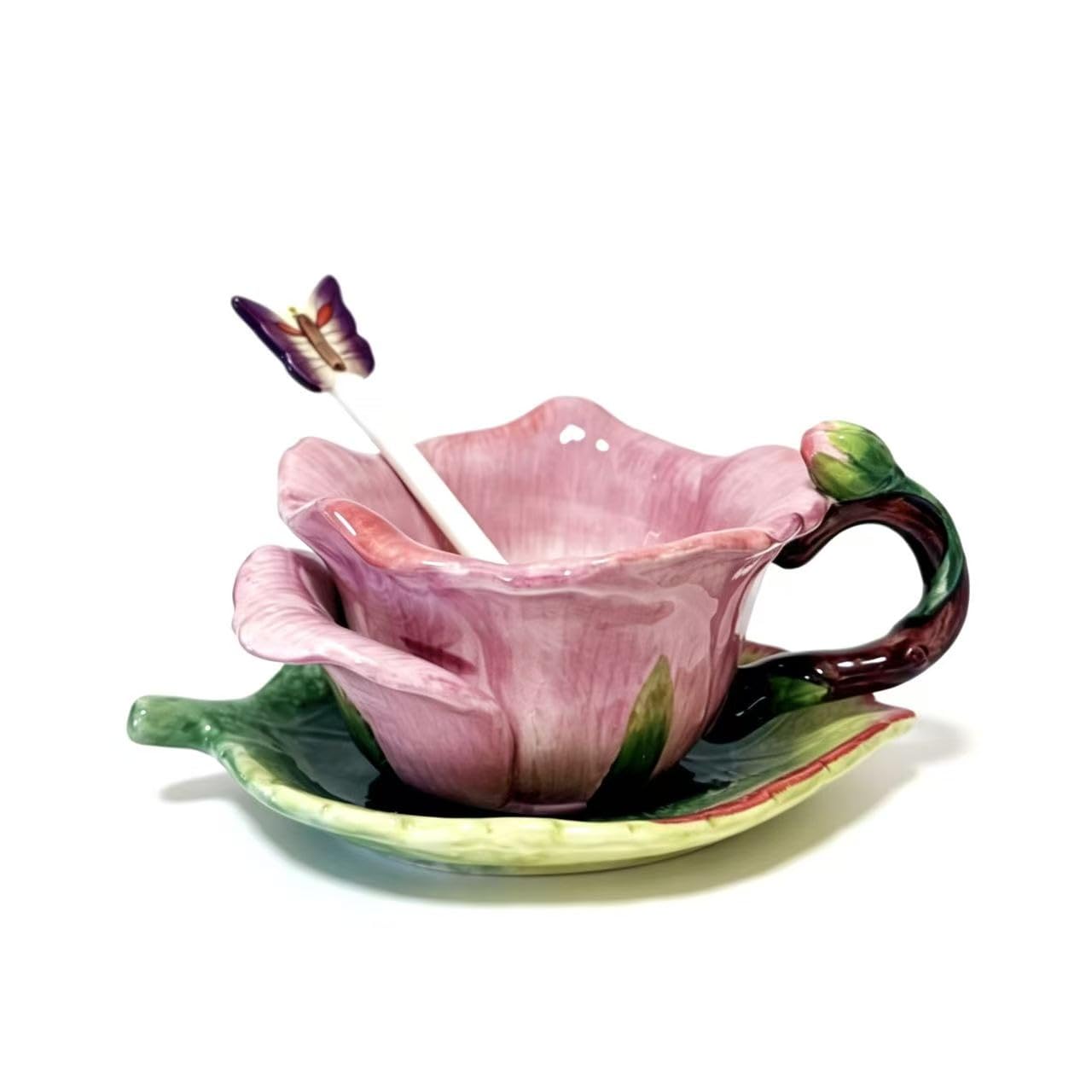 Ensemble tasse à thé et soucoupe en céramique, 177 ml, motif fleur et feuille de lotus peintes à la main, cadeau pour femme, rose foncé