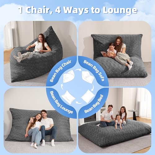 Image of HABUTWAY 4 in 1 Bean Bag Chair, Giant Memory Foam Filling Bean Bag Sofa, Adult Bean Bag Chair, Machine Washable Faux Fur Cover, Bean Bag for Adult (Grey)