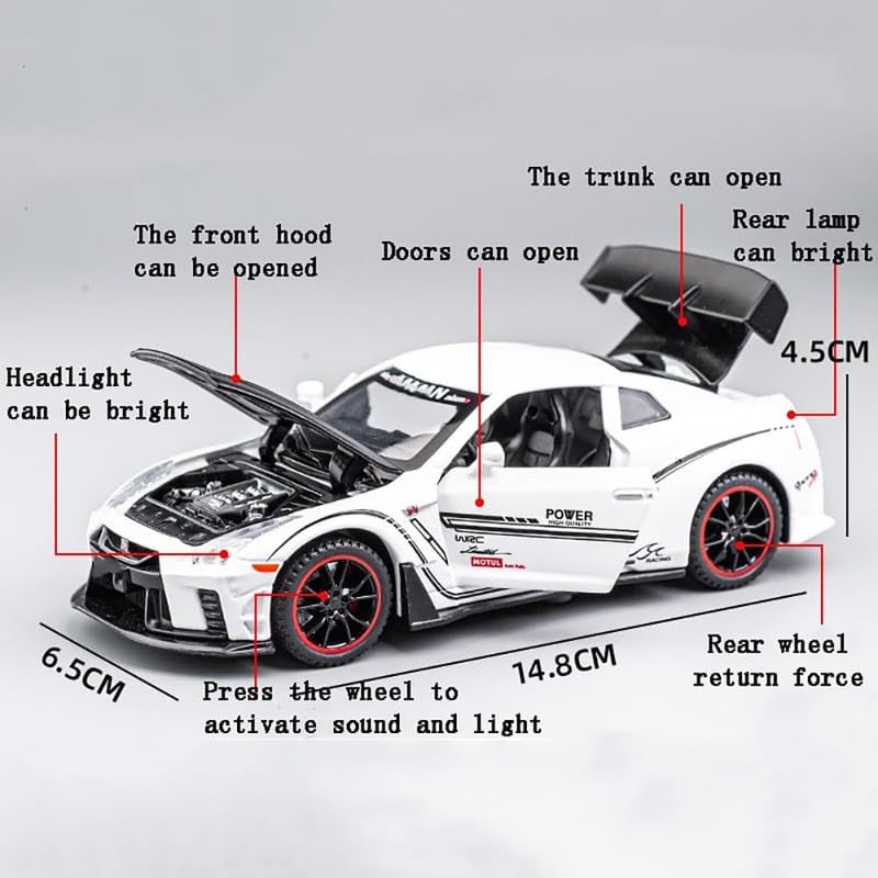 Image of Kids Model 1:32 Nessan R35 Die Cast Metal Car Pull Back Action Opening Doors with Realistic Engine Sound Lights Toy Car Gift for Boys - White